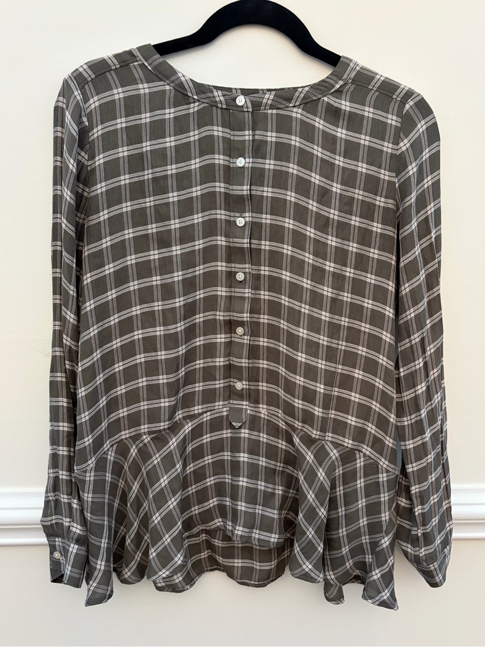 LOFT Gray Plaid Button-Down Peplum Blouse